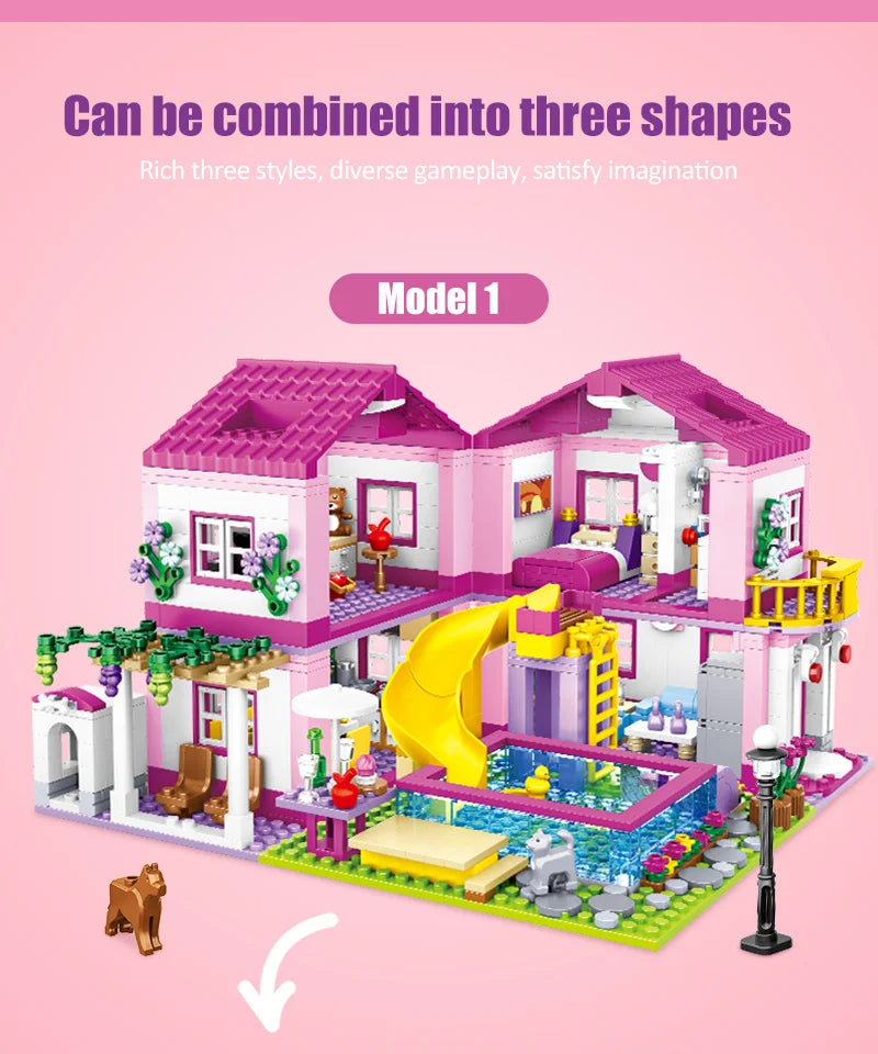 ZKZC 1018pcs City 1 Change 3 Summer Double-storey Villa House Building Blocks Friends Garden Flower Figures Bricks Toys Girls