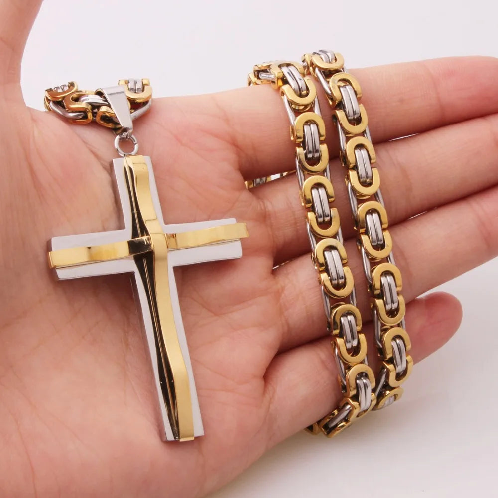 Hot Selling Stainless Steel Cross Necklaces Crucifix Pendant & Necklace for men Vintage Stainless Steel Men 6mm Byzantine Chain