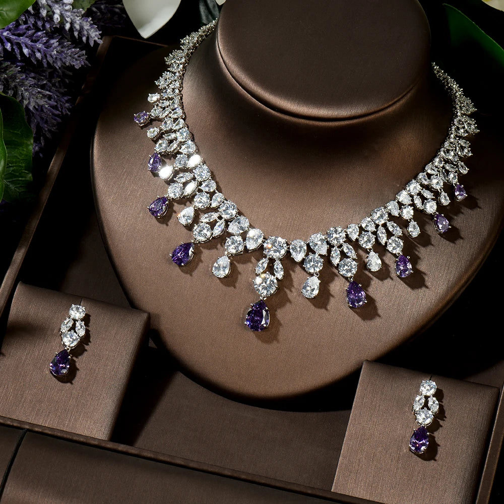 HIBRIDE Luxury Wedding Jewelry Nigerian Design Cubic Zirconia Large Bridal Choker Necklace Earrings Sets For Women bijoux N-1454