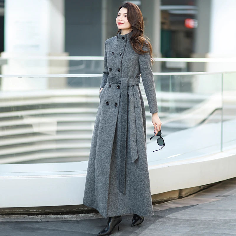 Gray Stand Collar Thickened Woolen Coat Winter Fashion Slimming Long Outerwear for Daily Wear Warm And Stylish New Arrival
