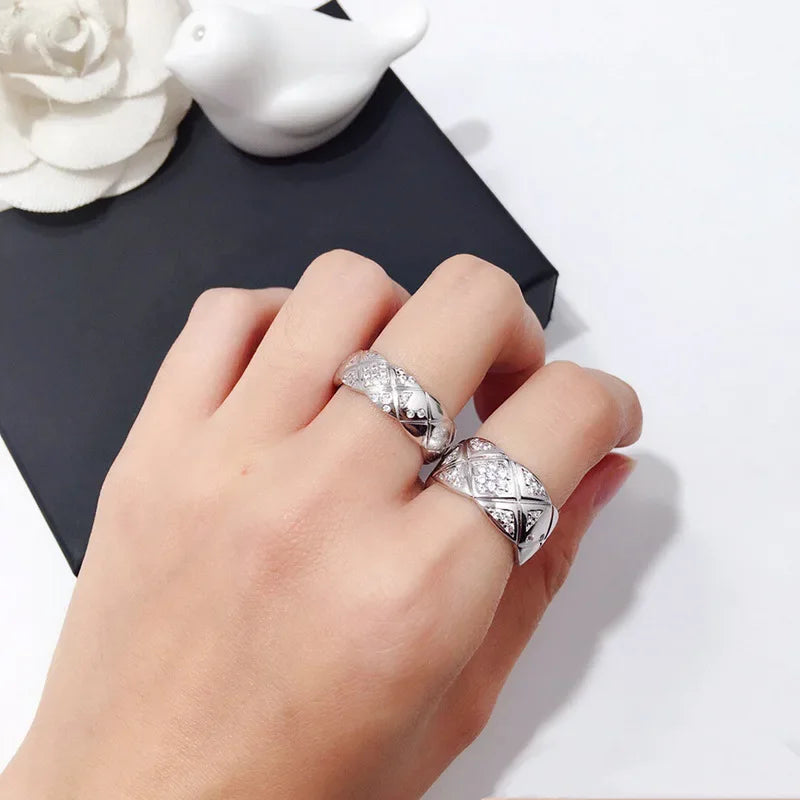 Fashionable Diamond Embedded Heavy Work Polished Wide Version Rhombus Pattern Ring Couple Jewelry Cross-Border Accessories