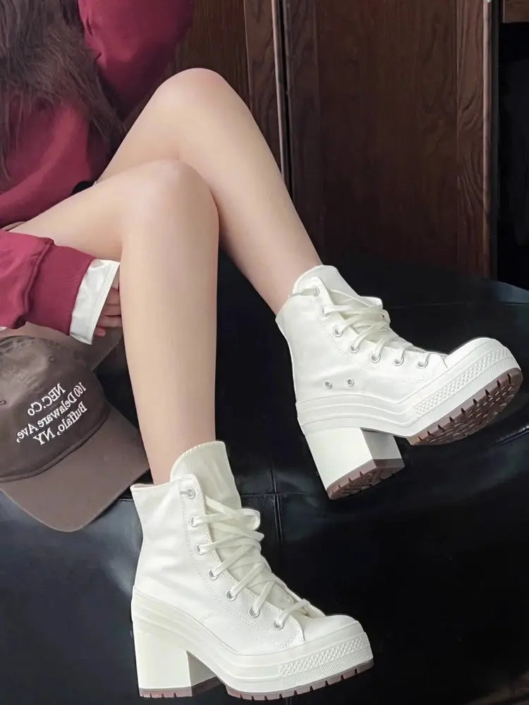 Women’s Canvas Platform Sneakers – Lace-Up High Heel