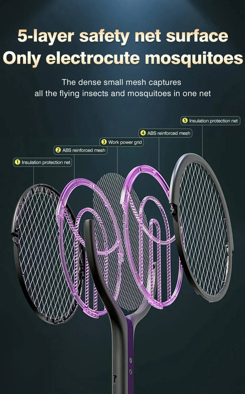 Intelligent Rechargeable Mosquito Swatter 2800V Electric Racket Extension Handle 5-Layer Protection