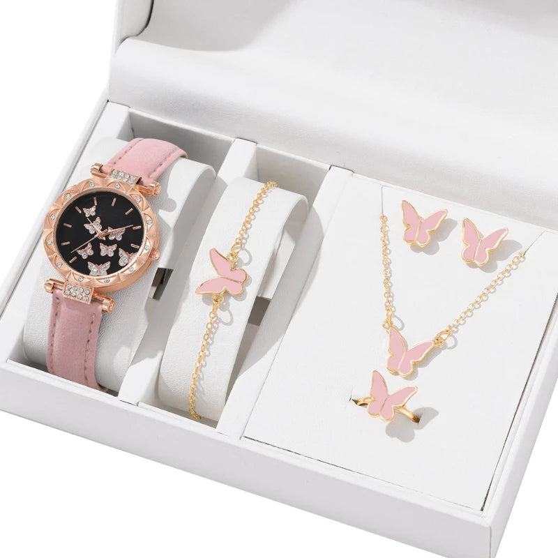 Elegant Butterfly Jewelry Set Women Watch Crystal Watches Fashion Rings Necklace Earring Bracelet Perfect for Daily Wear