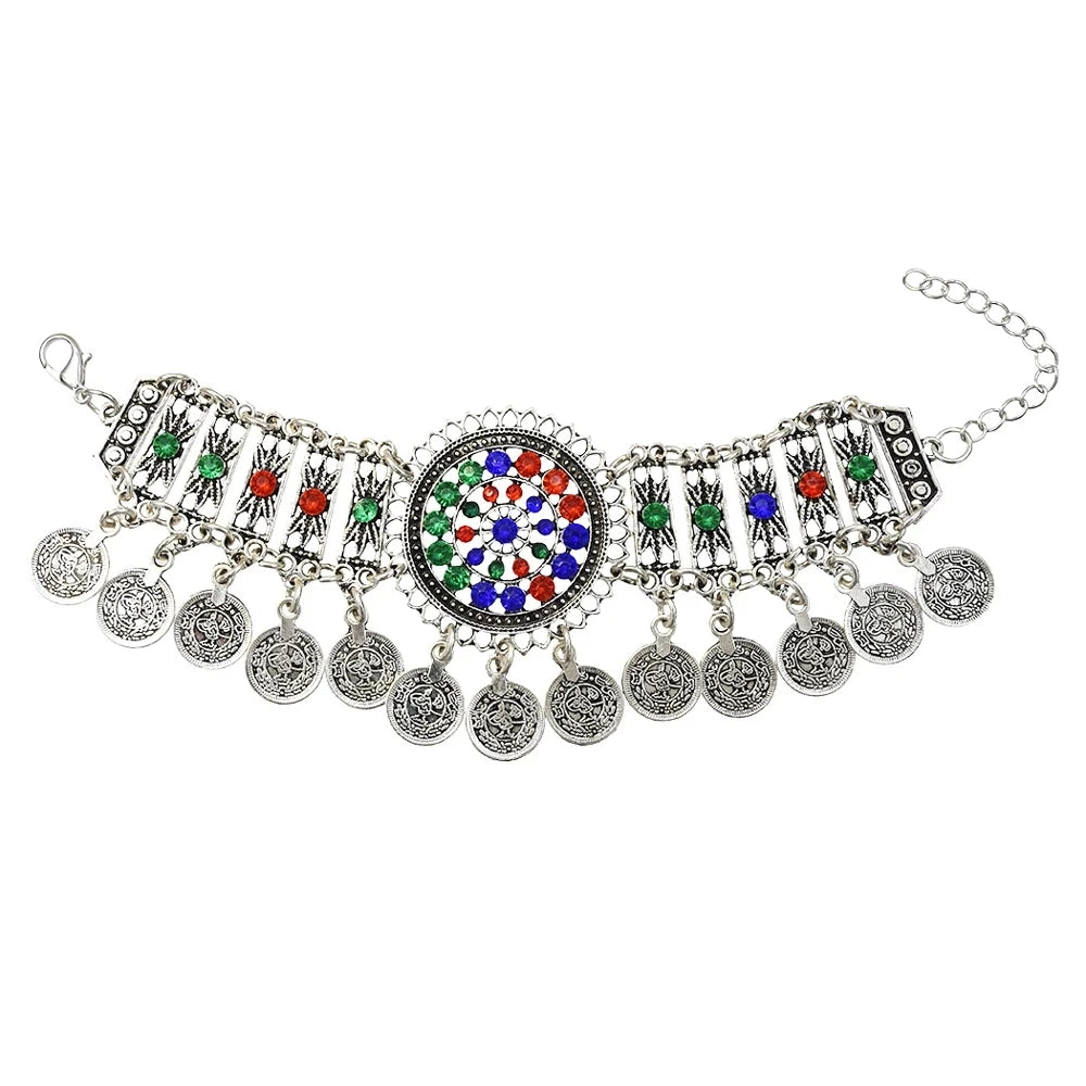 Gypsy Bohemian Coin Bracelets for Women Metal Vintage Flower Statement Bracelets Festival Turkish Beach Jewelry Tribal Ethnic