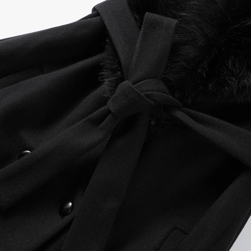 Luxurious Women's Overcoat Faux Full Sleeve Double Breasted Belt Lace Up Female Black Coats 2025 Autumn Winter Chic Lady Outwear