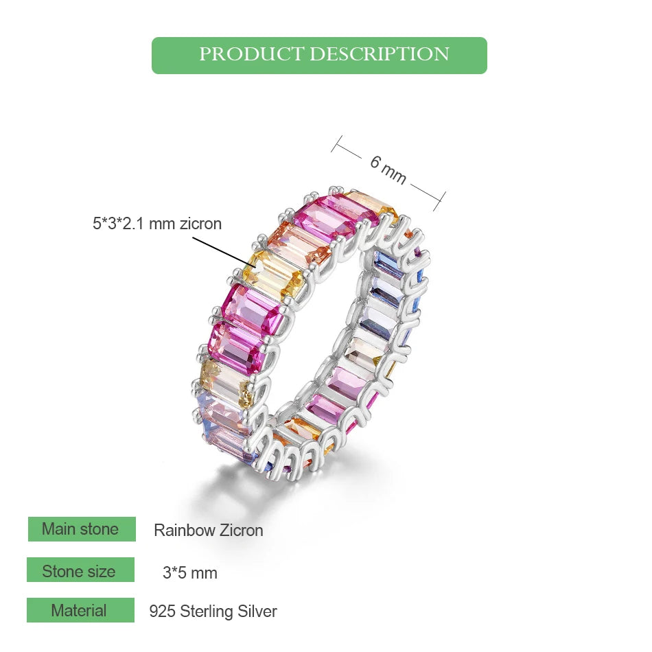 ALLNOEL Rainbow Band Ring for Woman Pure 925 Sterling Sliver 5A Zircon Eternity Fine Jewelry Colorful Engagement Birthday Gifts