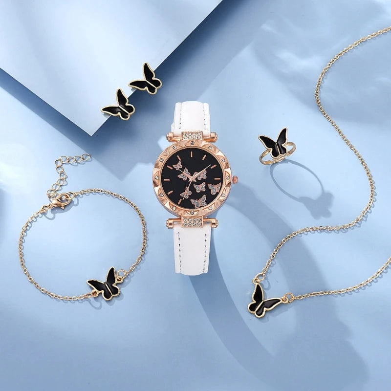Elegant Butterfly Jewelry Set Women Watch Crystal Watches Fashion Rings Necklace Earring Bracelet Perfect for Daily Wear