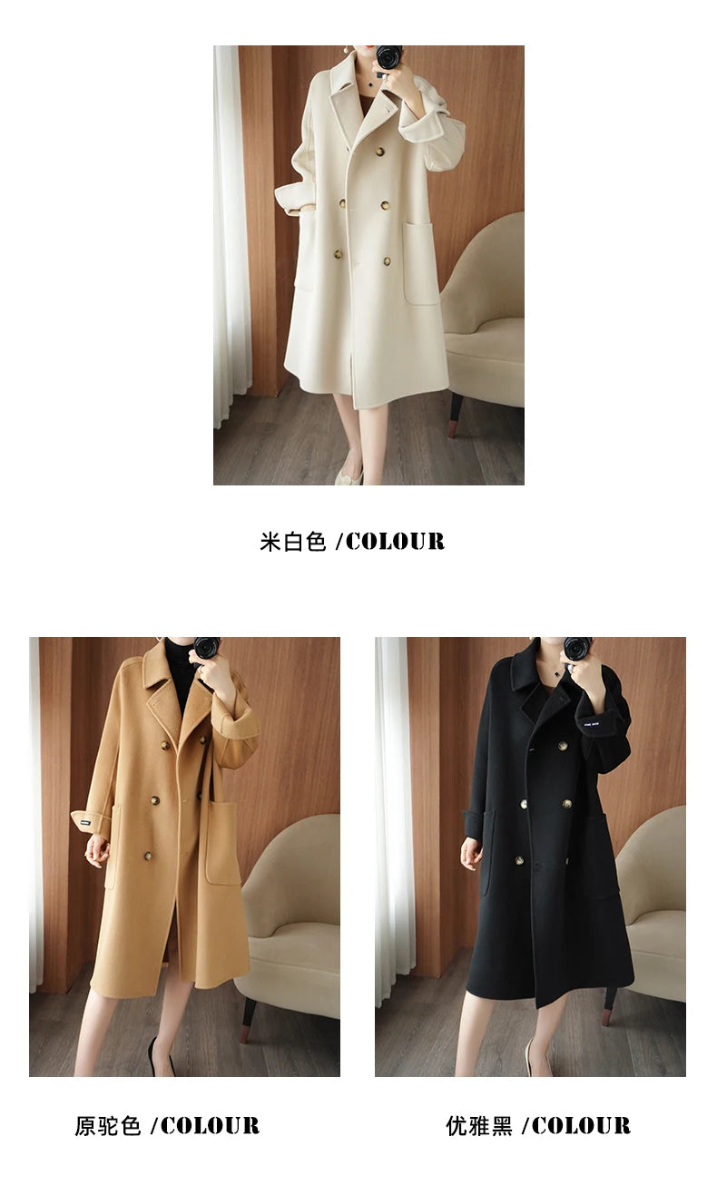 Ladies' 100% cashmere thick double-sided extended coat, classic, versatile and fashionable for business and leisure