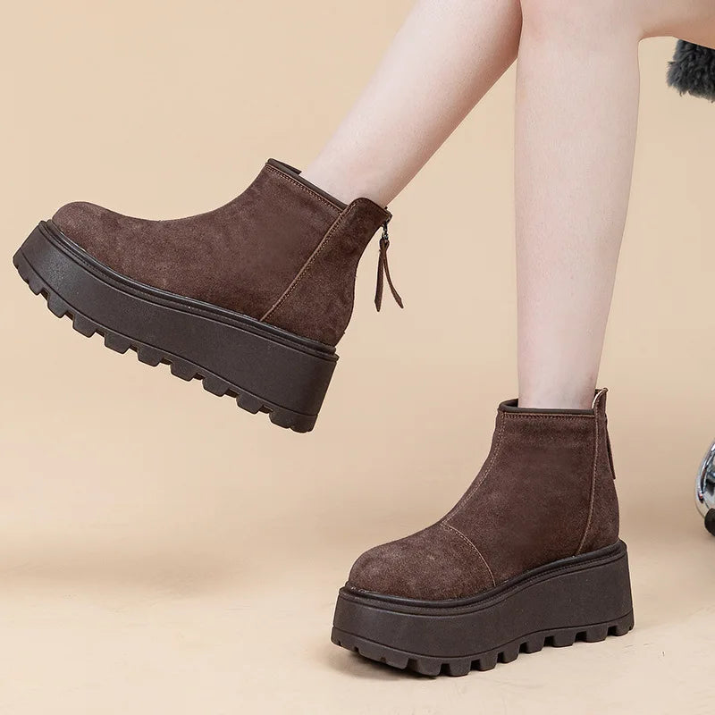 Fujin 7cm Suede Leather Snow Shoes Ankle Booties Platform Winter Boots Women Comfortable Non Slip Chelsea Boots Chunky Heel