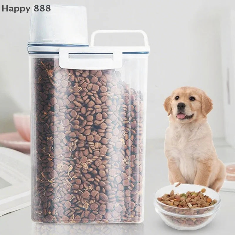 1.5kg/2kg Plastic Pet Food Storage Container With Measuring Cup, Moisture-Proof & Sealed Jar For Dogs And Cats