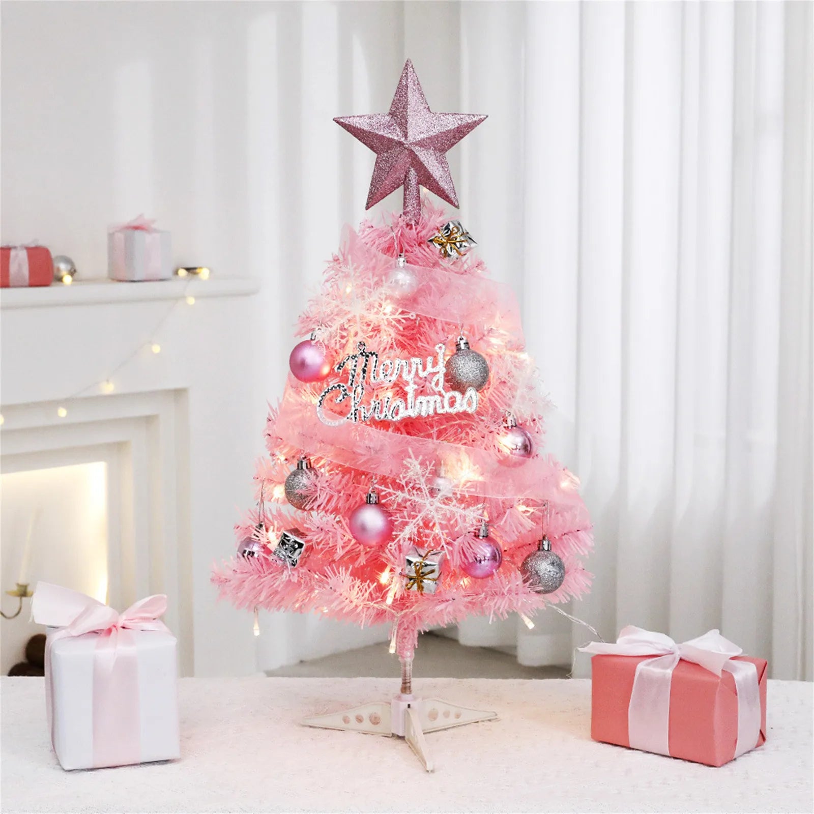 Christmas Tree Set Pink Mini 60cm 45cm Small Tabletop Decor Holiday Festive Design Unique Xmas Decor Gift Ornament