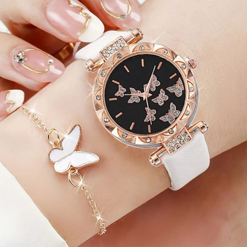 Elegant Butterfly Jewelry Set Women Watch Crystal Watches Fashion Rings Necklace Earring Bracelet Perfect for Daily Wear