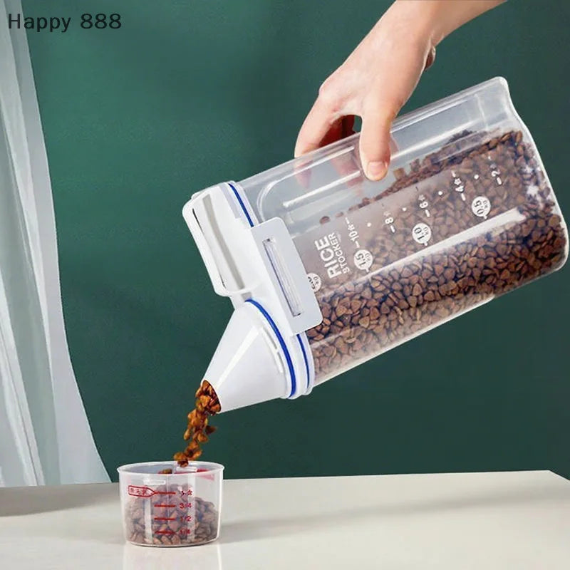 1.5kg/2kg Plastic Pet Food Storage Container With Measuring Cup, Moisture-Proof & Sealed Jar For Dogs And Cats