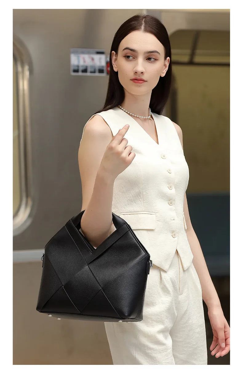 Genuine Leather Woven Tote Crossbody Bag