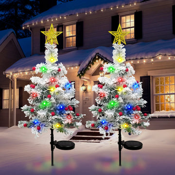 OurWarm 2 pcs Solar Christmas Tree Outdoor Christmas Decor, 29In Flocked Christmas Tree , Mini Small Christmas Tree with 40LED