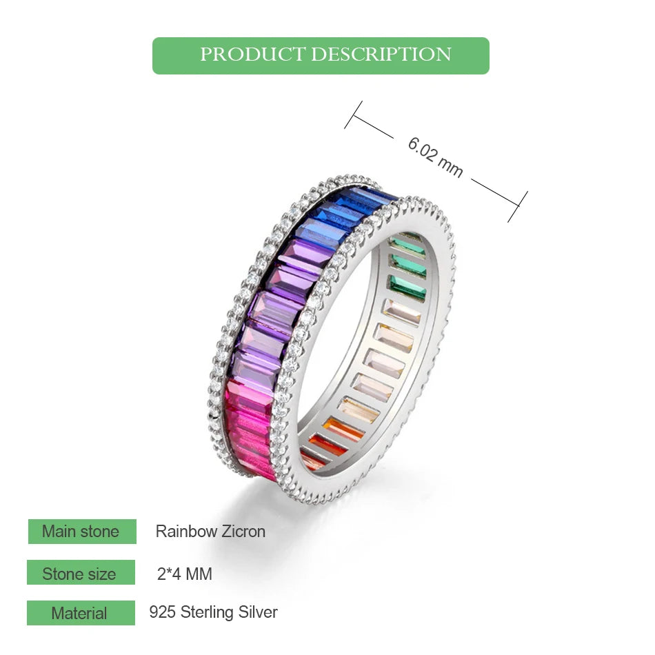 ALLNOEL Rainbow Band Ring for Woman Pure 925 Sterling Sliver 5A Zircon Eternity Fine Jewelry Colorful Engagement Birthday Gifts