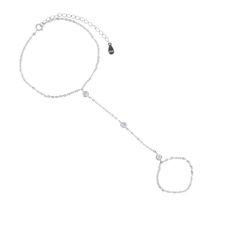 100% 925 Sterling Silver Slave Chain Bracelet Connected Finger Ring Bling AAA Sparking Cz Zirconia Handlets Layers Jewelry Women