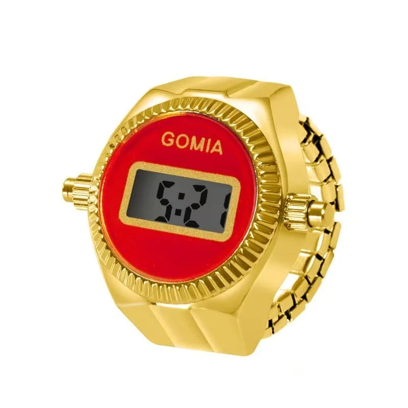 Fashion Electronic Watch Rings for Men Women Gold Silver Colorful Dial Stainless Steel Elastic Watch Strap Battery Mini Clock