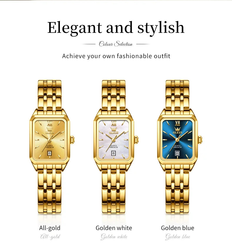 OLEVS Quartz Women's Watches Stainless Steel Square Small Gold Watch for Women Waterproof Auto Date Elegant Ladies Wristwatches