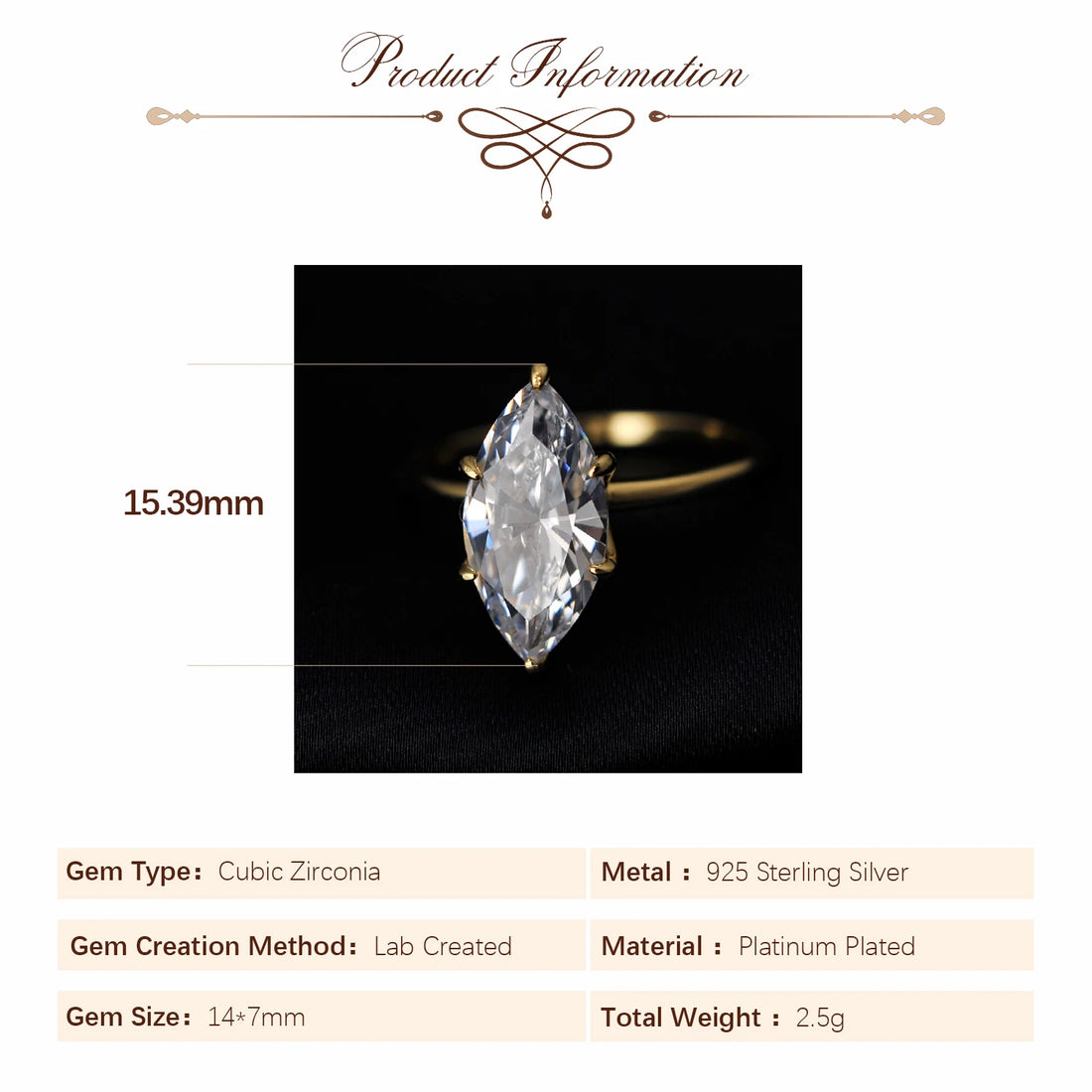 Potiy Vintage 9ct 5A Marquise Shape Cubic Zirconia Solitaire Engagement Ring For Women 925 Sterling Silver 14K Yellow Gold