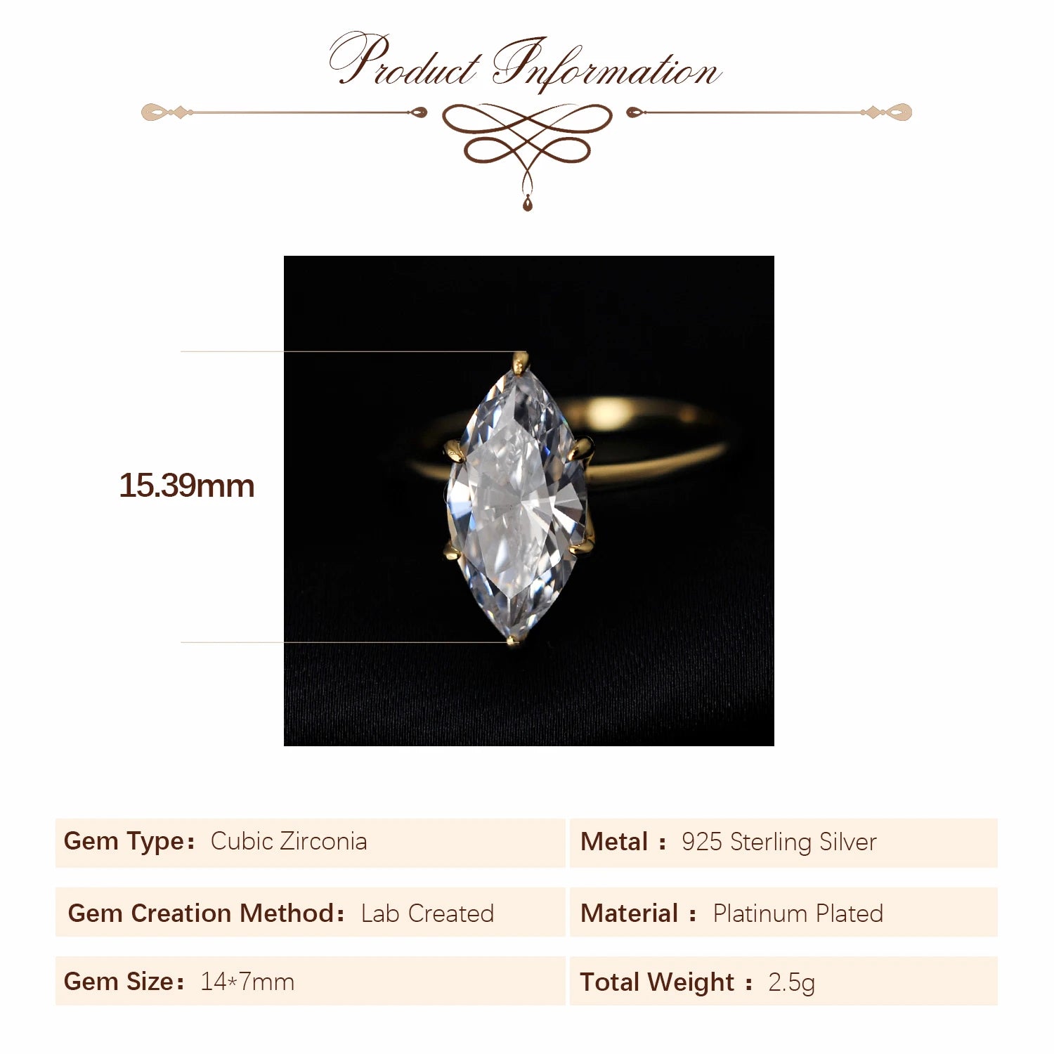 Potiy Vintage 9ct 5A Marquise Shape Cubic Zirconia Solitaire Engagement Ring For Women 925 Sterling Silver 14K Yellow Gold