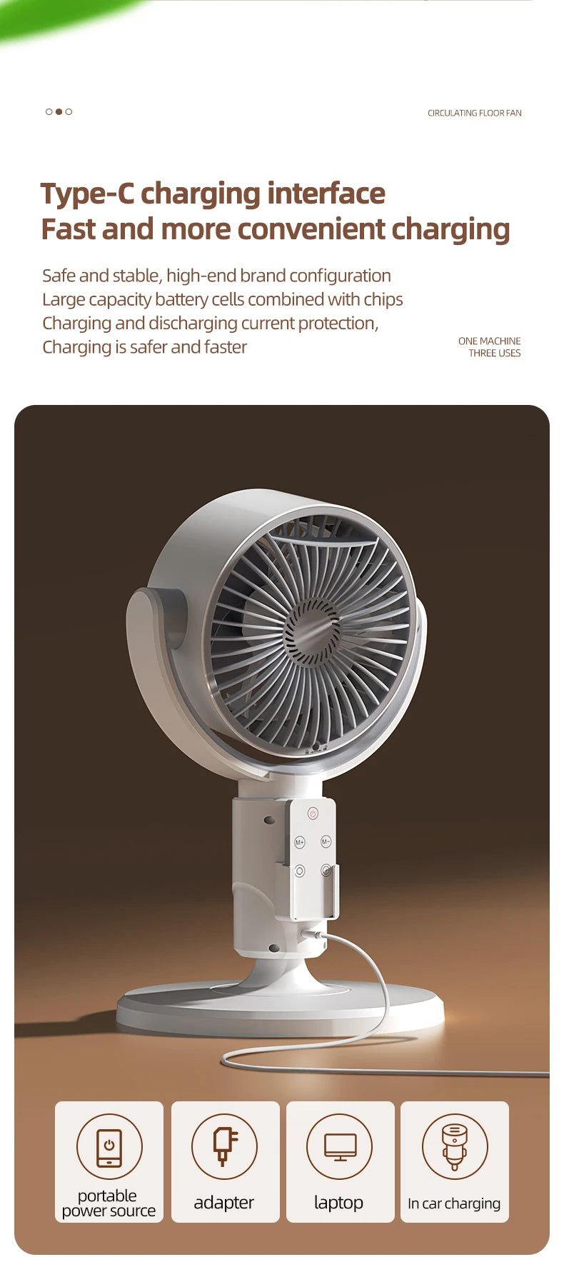 Rechargeable Oscillating Stand Fan 5 Speeds Adjustable Height USB Portable Air Circulator for Bedroom Office Living Room