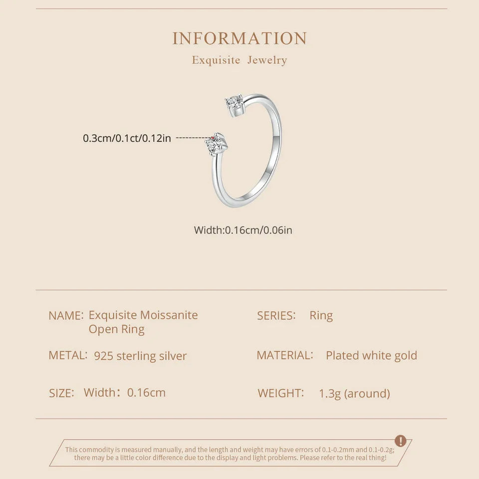 BAMOER Moissanite White Gold Plated Adjustable Ring 925 Sterling Silver Exquisite Open Ring for Women Fine Jewelry Gift