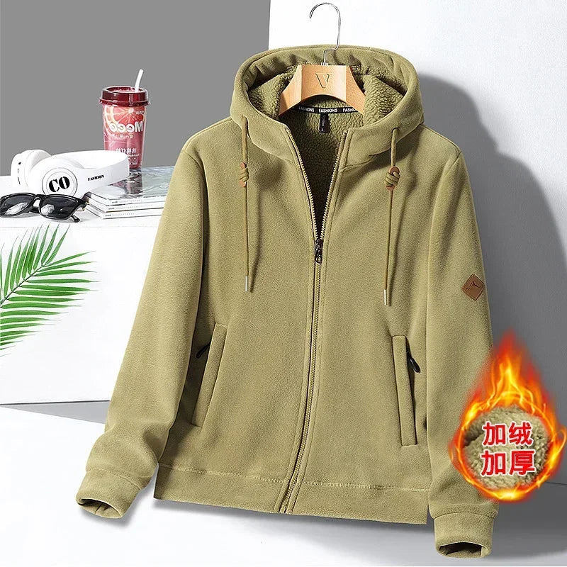 Winter Warm Cashmere Jacket Mens High-end Ski Fleece Iined Thickened Hoodie Coat Casual Womens Outdoor Camping Cold-proof Jacket
