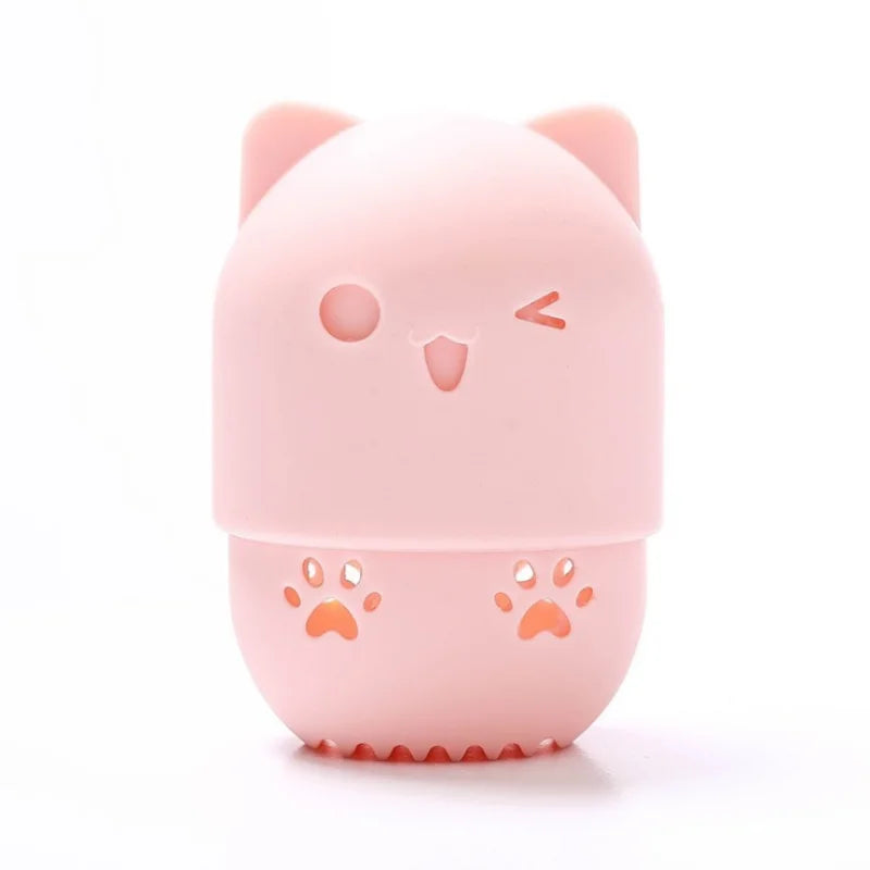 Pink Cute Cat Soft Silicone Cosmetic Sponge Box Holder with Beauty Eggs Portable Powder Puffs Holder Sponge Make Up Drying Cases