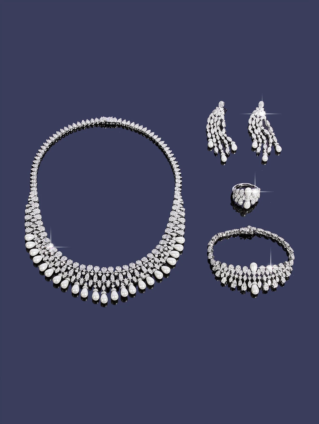 2025 New 4-piece Cubic Zirconia With Pealr Tassel African Blue Bridal Jewelry Set Dubai Necklace Set Women's Wedding Party