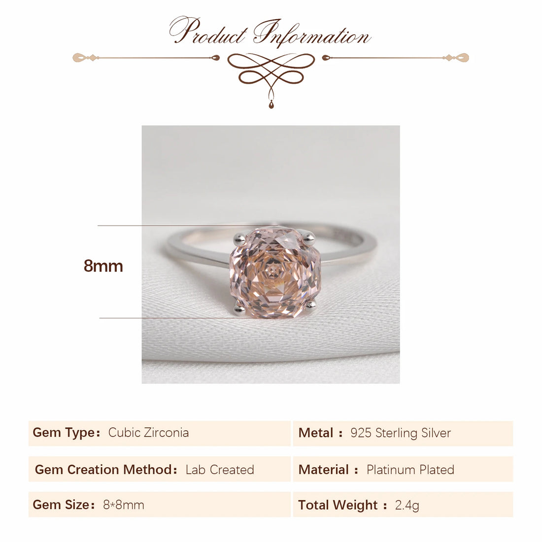 Potiy 2ct Octagon Rose Cut Morganite Pink Cubic Zirconia Solitaire Ring, 925 Sterling Silver Jewelry Gift for Women with