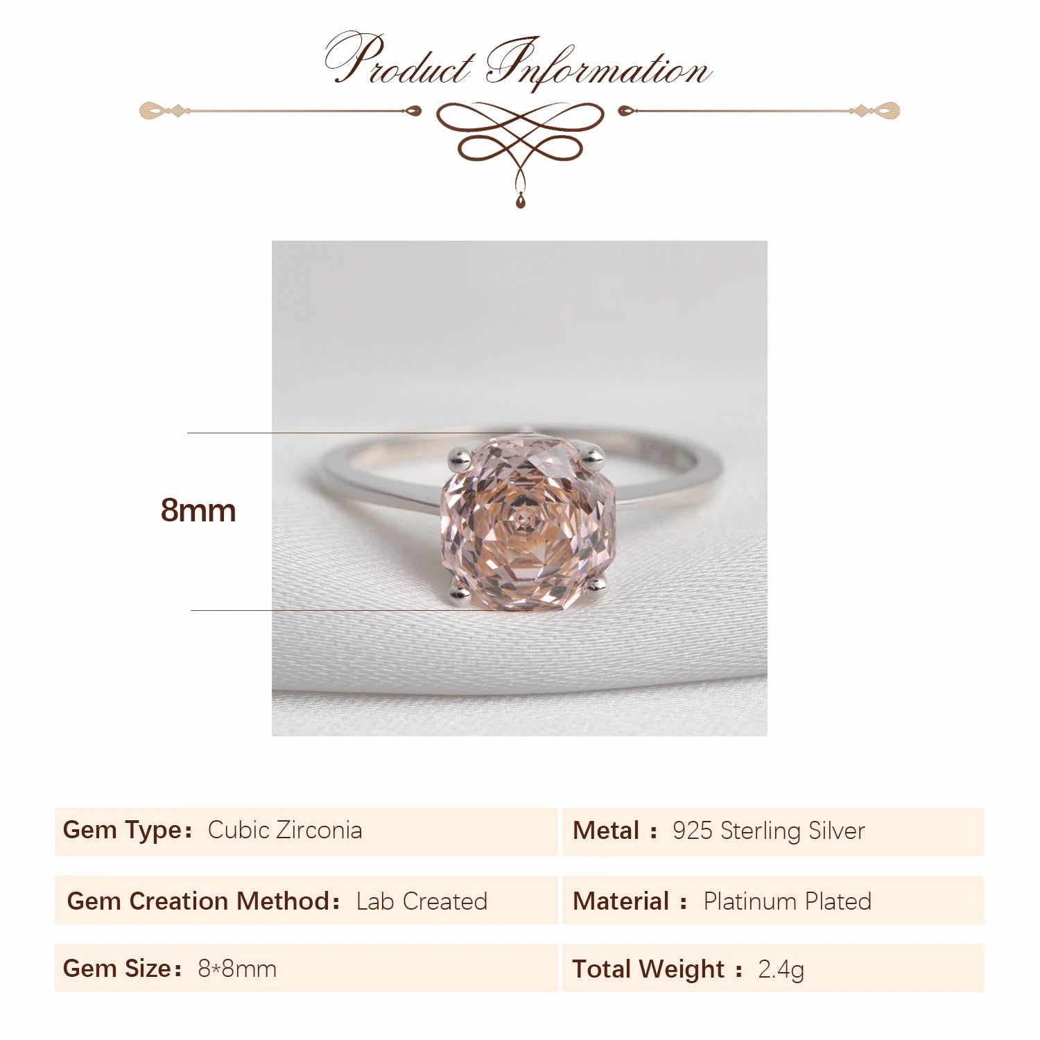 Potiy 2ct Octagon Rose Cut Morganite Pink Cubic Zirconia Solitaire Ring, 925 Sterling Silver Jewelry Gift for Women with