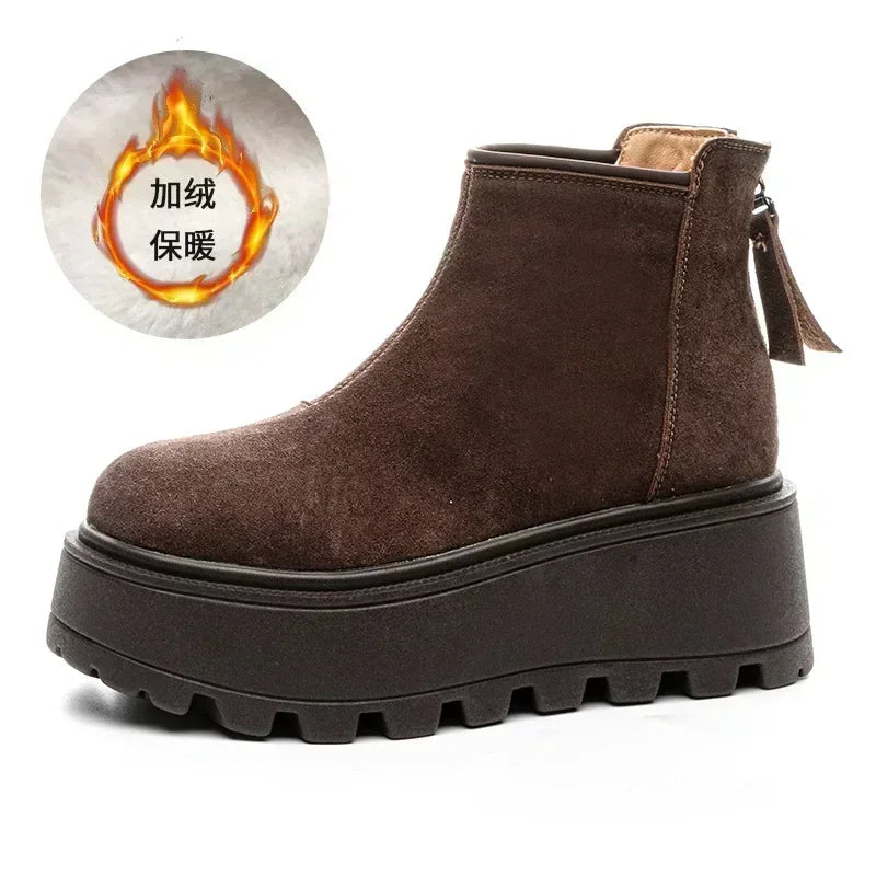 Fujin 7cm Suede Leather Snow Shoes Ankle Booties Platform Winter Boots Women Comfortable Non Slip Chelsea Boots Chunky Heel