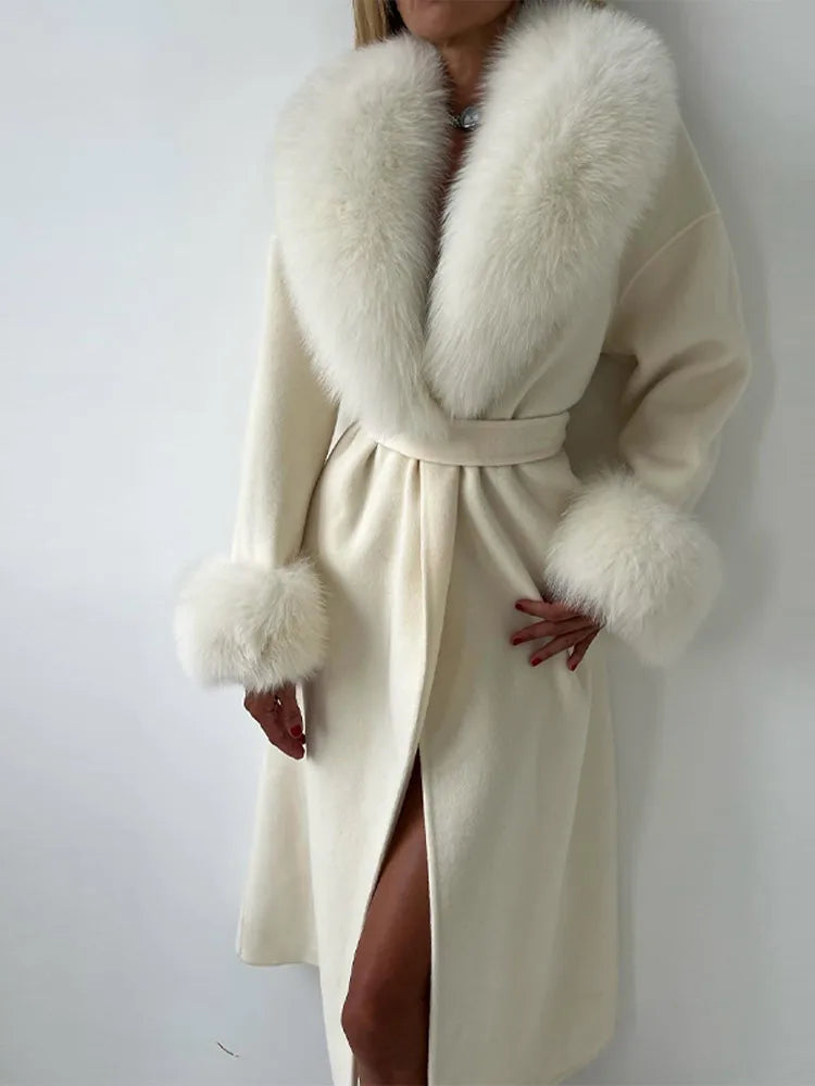 Luxurious Women's Overcoat Faux Full Sleeve Double Breasted Belt Lace Up Female Black Coats 2025 Autumn Winter Chic Lady Outwear