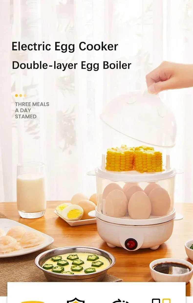 Electric Egg Cooker Automatic Steamer Double Layer Multi Function Breakfast Machine Mini Kitchen Appliance for Boiling Poaching