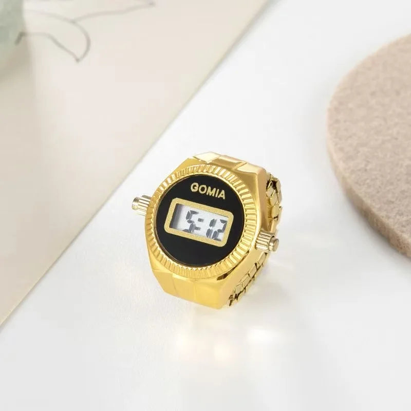 Fashion Electronic Watch Rings for Men Women Gold Silver Colorful Dial Stainless Steel Elastic Watch Strap Battery Mini Clock