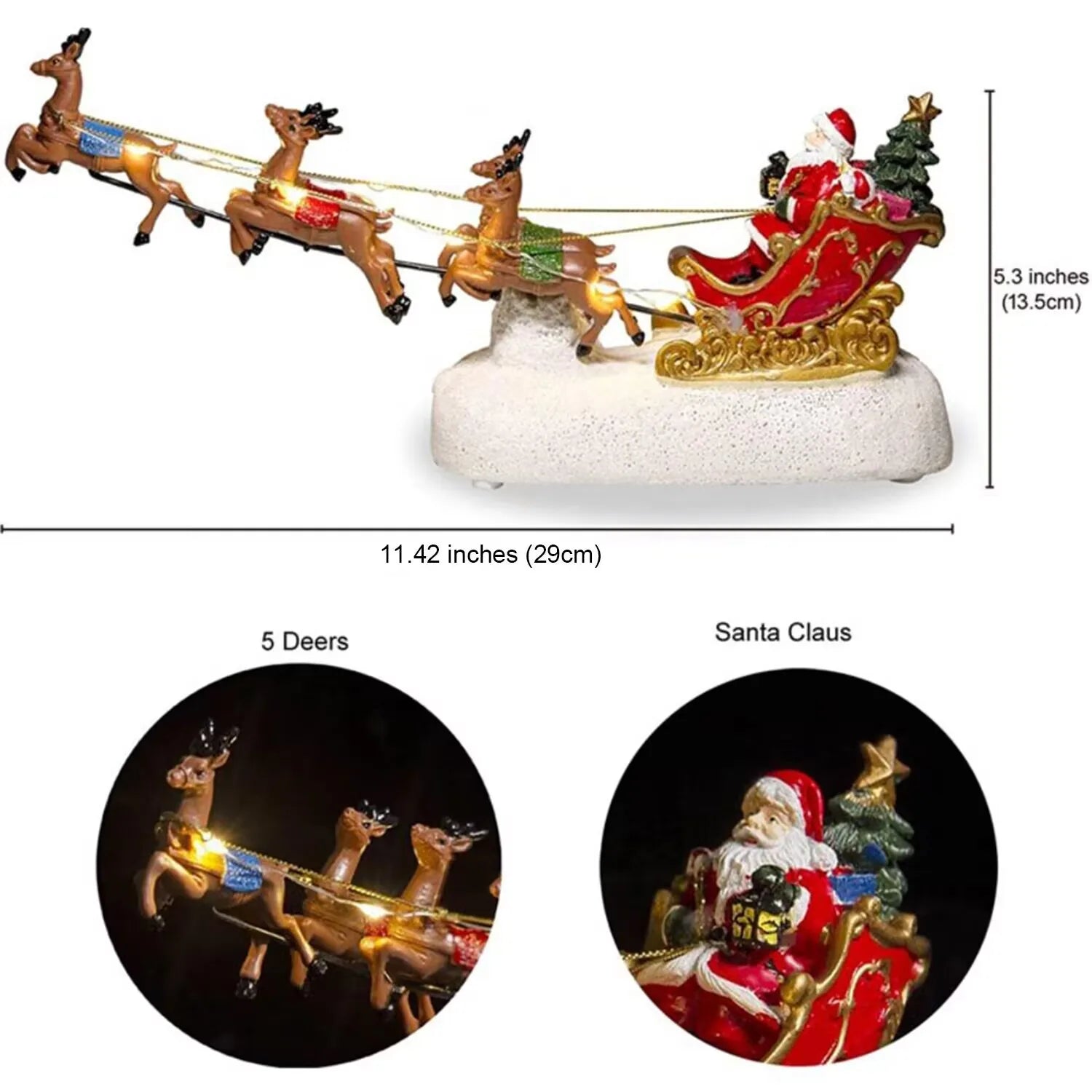Christmas Santa Claus Sleigh with Reindeer Figurine, LED Light Holiday Village House Ornament Xmas Home Tabletop Decoration Gift