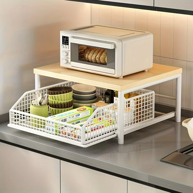 Modern kitchen microwave rack storage rack - sturdy solid wood and metal structure, space-saving countertop storage rack