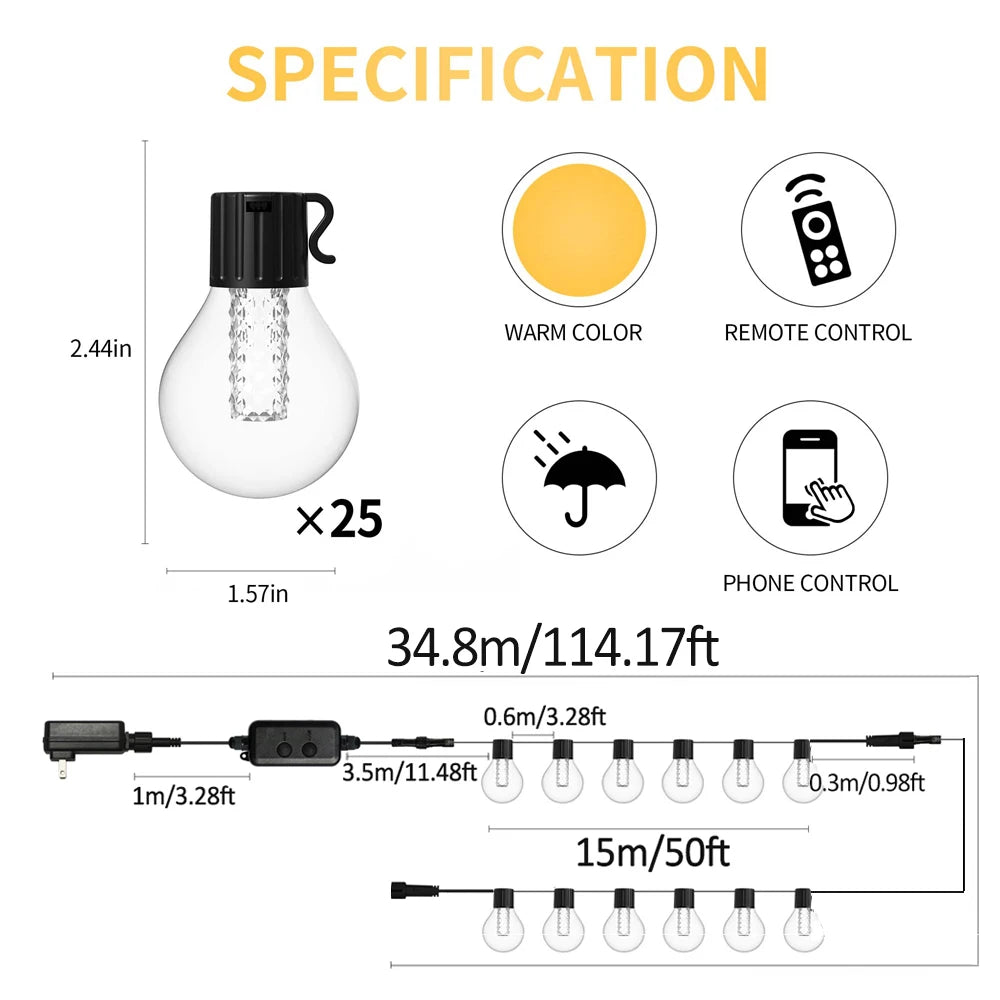 S14 Outdoor Lights DIY String Lights 3Modes Adjustable Remote Control Lights Bulbs for Patio Garden Outside Backyard Christmas