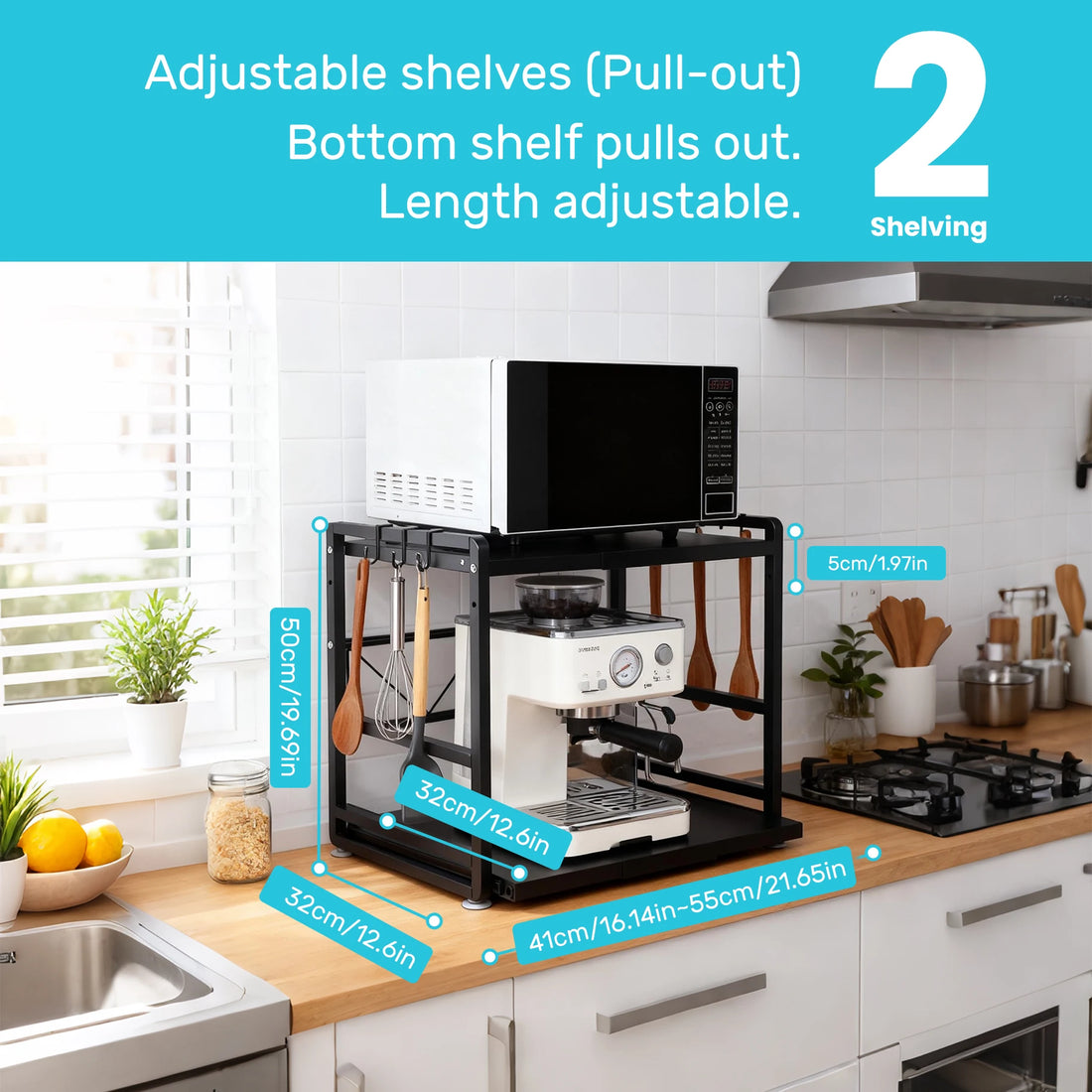 Iron Kitchen Shelf, Microwave Rack, Adjustable Height Extendable Shelf Includes Hooks & Reinforcement Suction Cups Easy Assembly