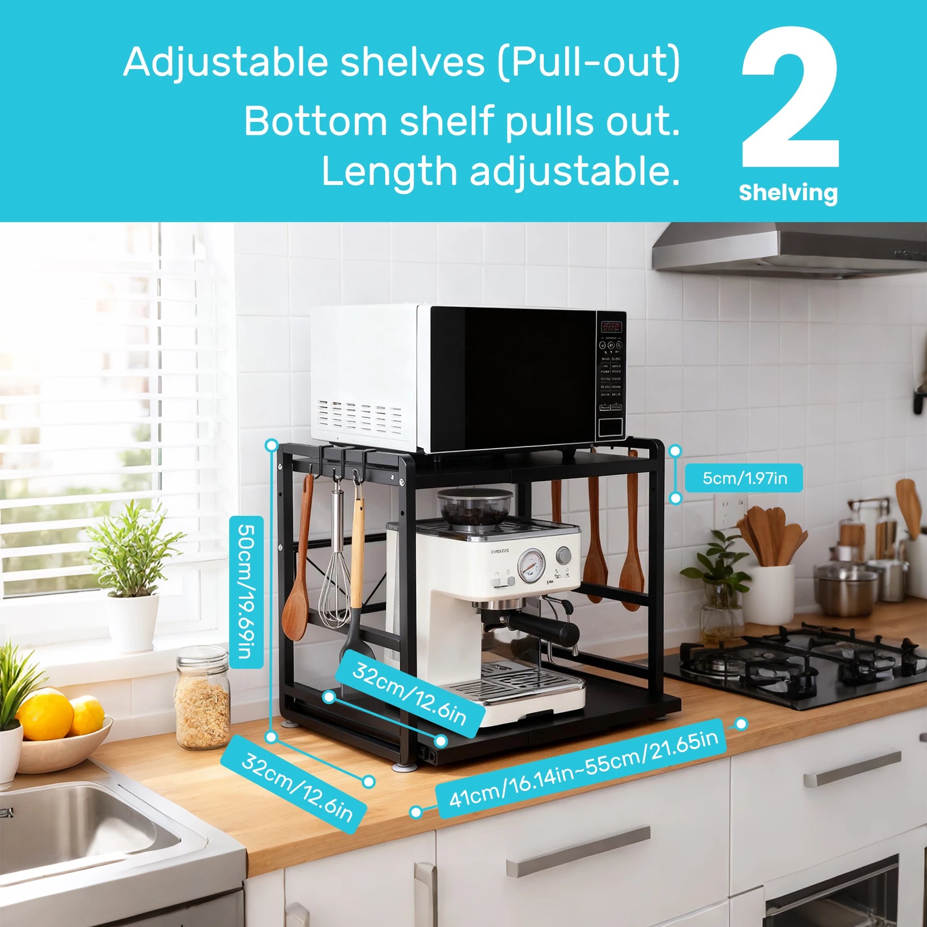Iron Kitchen Shelf, Microwave Rack, Adjustable Height Extendable Shelf Includes Hooks & Reinforcement Suction Cups Easy Assembly