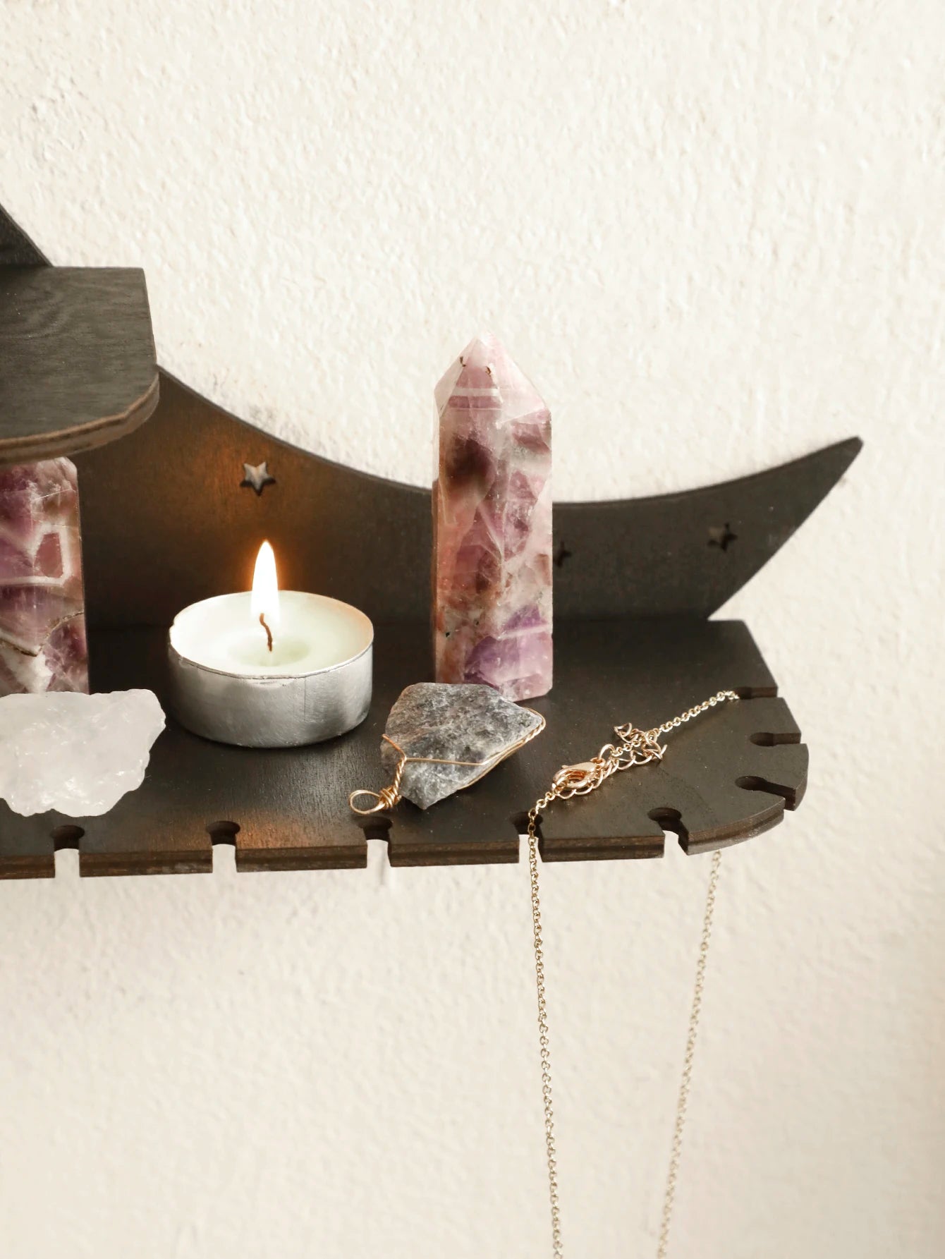 30/39cm Black Moon Wall Shelves 4-tier Wood Floating Wall Shelf Gothic Home Decor Crystal Shelf Display Ledge Essential Oil Rack