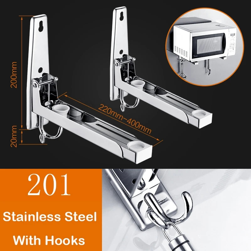 Microwave Oven Holder Folding Rack Stainless Steel Kitchen Shelf Foldable Retractable Bracket Oven Rack Hooks Telescopic Shelves