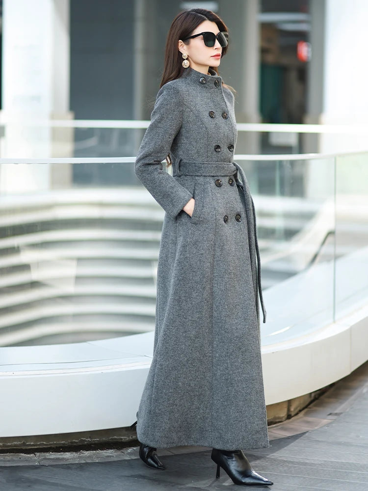 Gray Stand Collar Thickened Woolen Coat Winter Fashion Slimming Long Outerwear for Daily Wear Warm And Stylish New Arrival