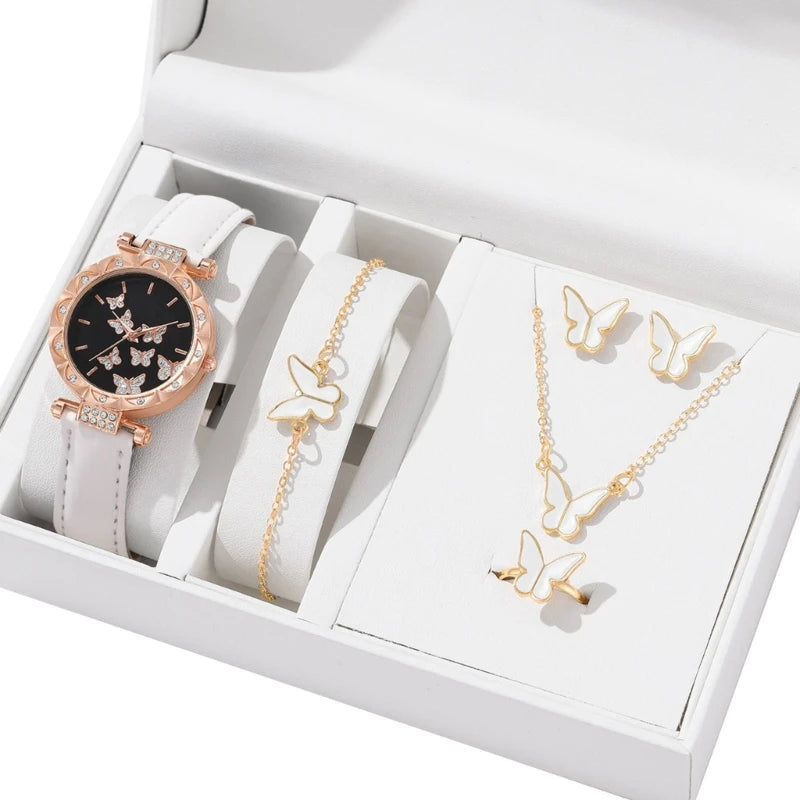 Elegant Butterfly Jewelry Set Women Watch Crystal Watches Fashion Rings Necklace Earring Bracelet Perfect for Daily Wear