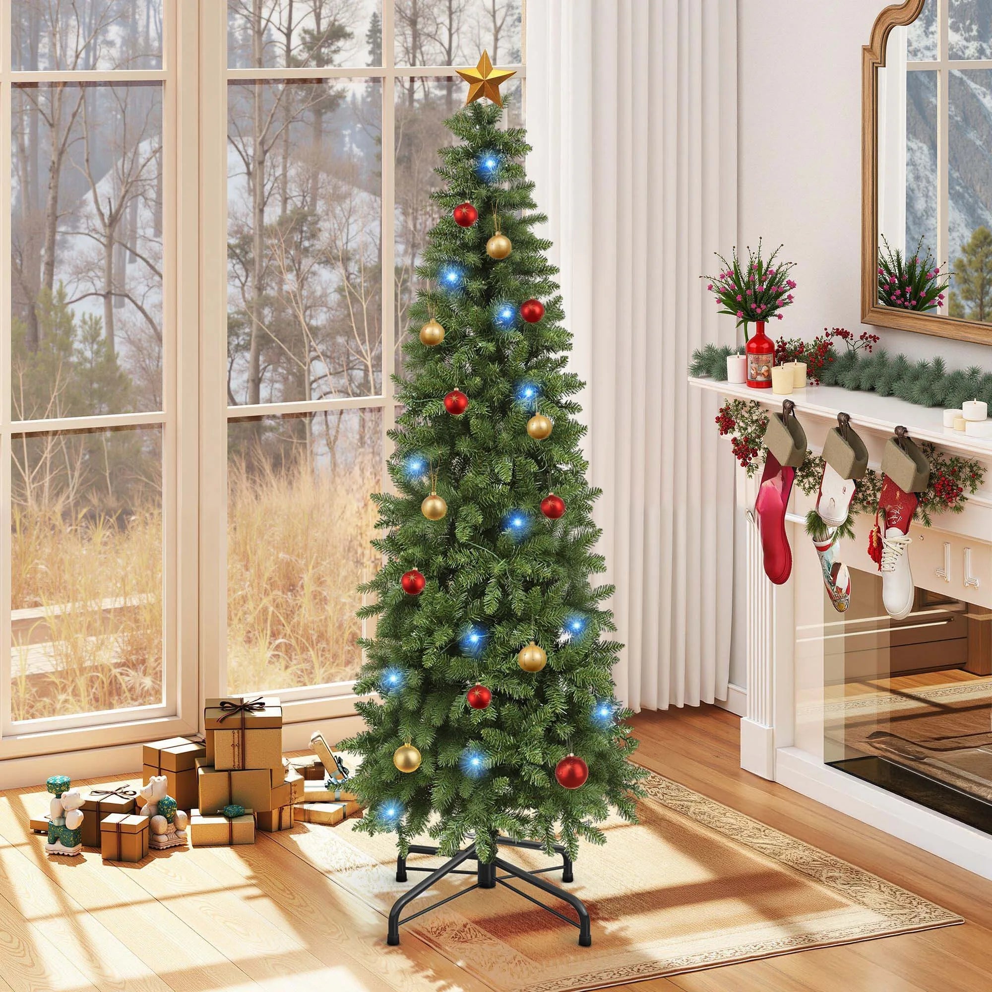 Balconera 6ft Pre-Lit Pencil Christmas Tree - Slim Fraser Fir with 700 Tips & 200 Lights for Home/Office/Party, Green