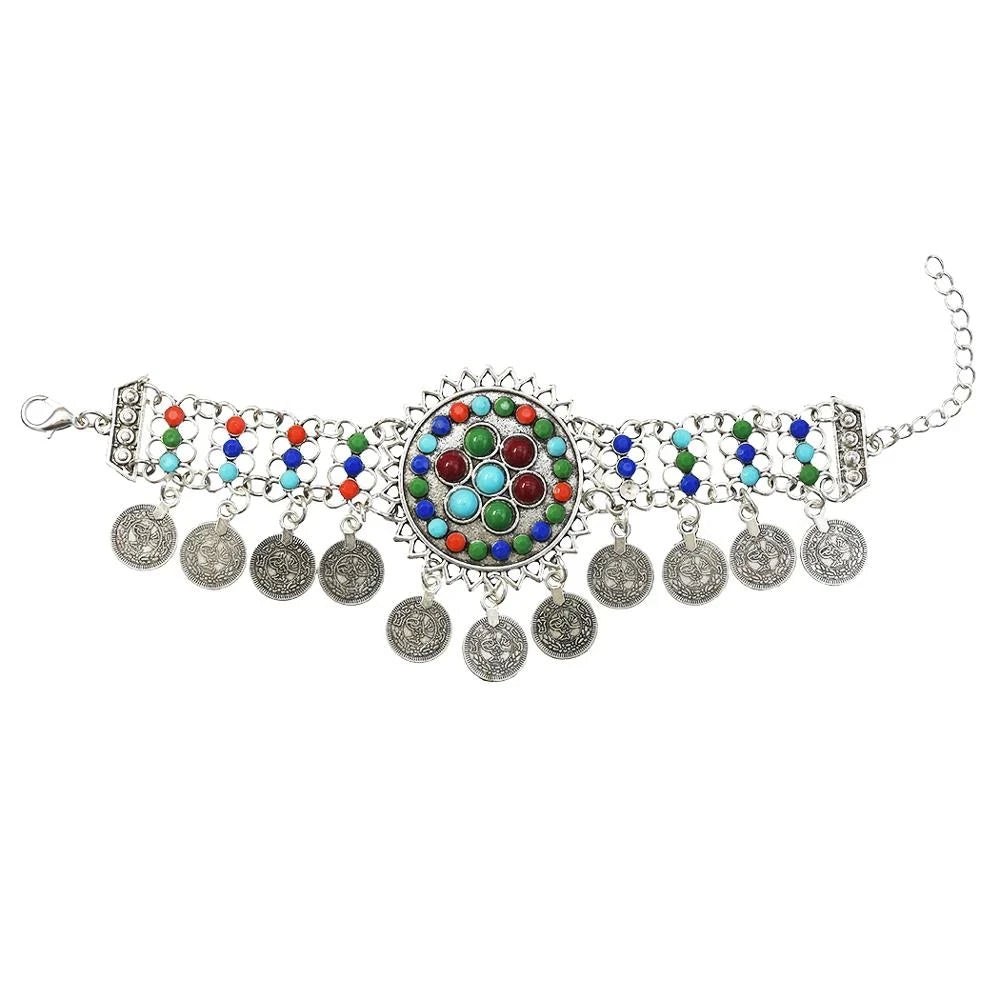 Gypsy Bohemian Coin Bracelets for Women Metal Vintage Flower Statement Bracelets Festival Turkish Beach Jewelry Tribal Ethnic