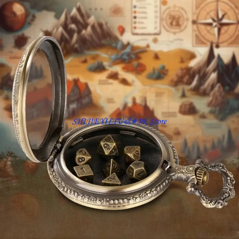 E21F Fashion Pocket Watch Case with 7pcs/set Metal Polyhedral Dices Pendant Chain