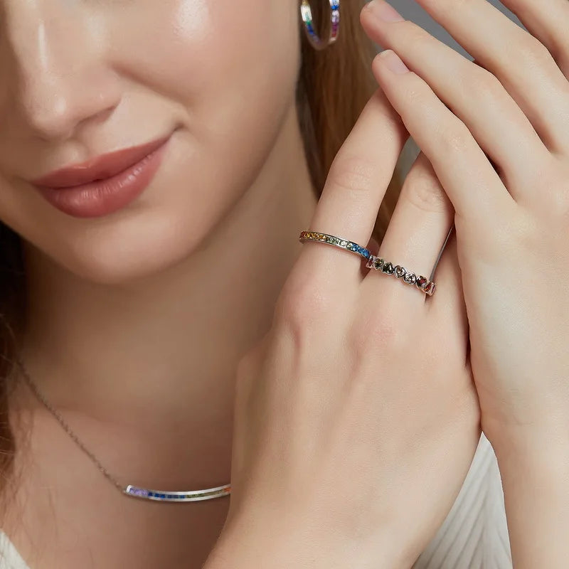 ALLNOEL Rainbow Band Ring for Woman Pure 925 Sterling Sliver 5A Zircon Eternity Fine Jewelry Colorful Engagement Birthday Gifts